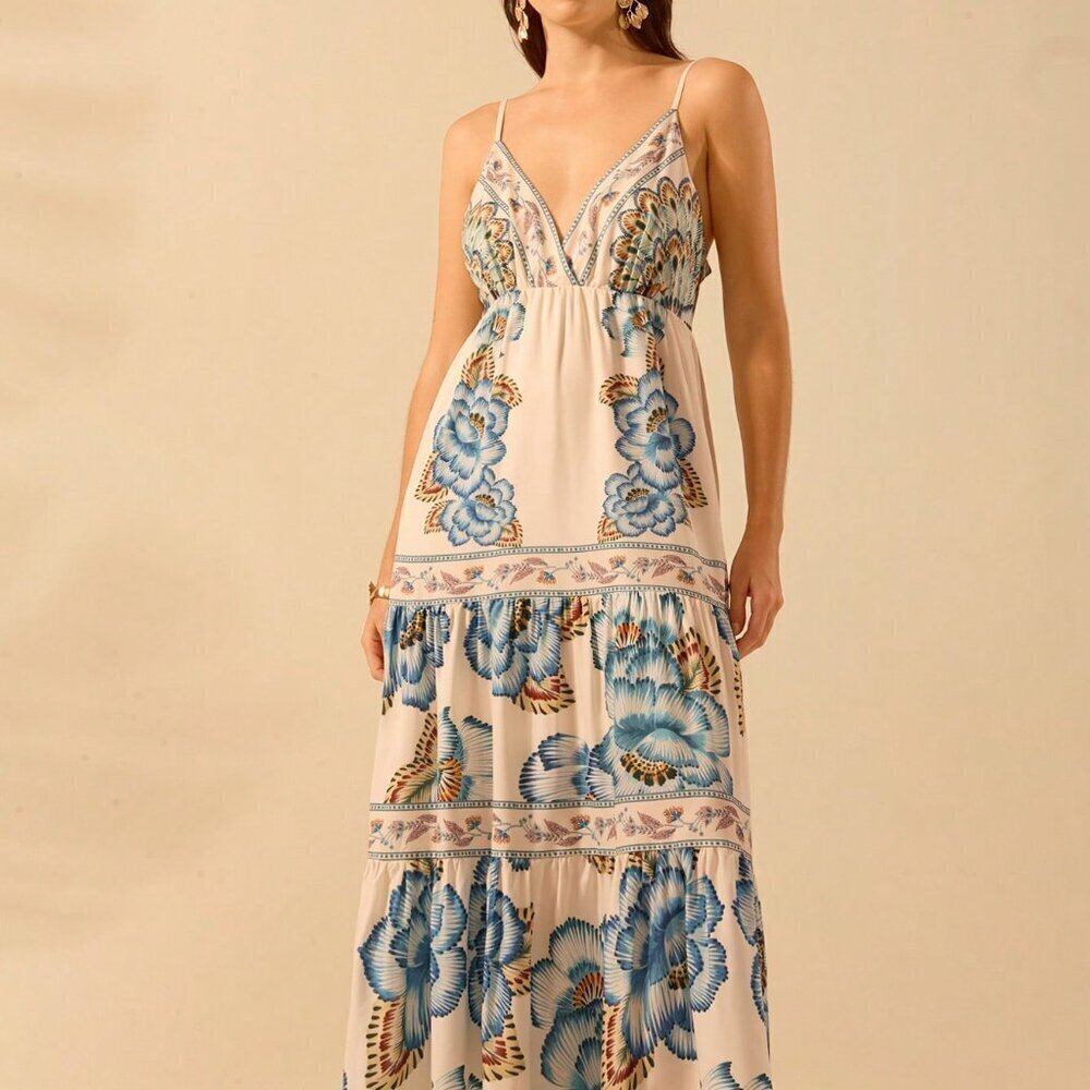 Multicolor Boho Women's Tropical Print V-Neck Long Camisole Dress Beach Dress - Picture 4 of 8